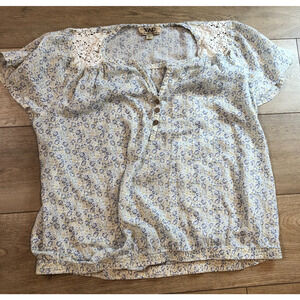 VAC Boho Short Sleeve Top‎ Floral Embroidered Applique V-Neck Gauze Womens XL